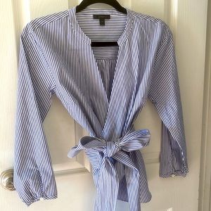 J. Crew Wrap Top in Striped Stretch Cotton Blue